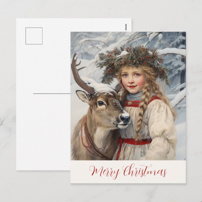 Vintage Girl and Reindeer Christmas Card (Front/Back)