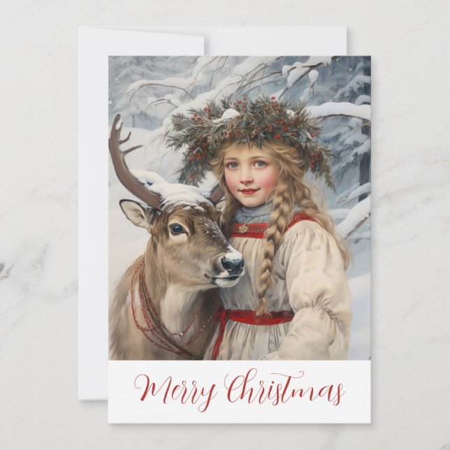 Vintage Girl and Reindeer Christmas Card (Front)