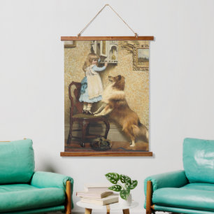 Vintage Girl and Sheltie Dog Art Secret Place Hanging Tapestry