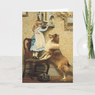 Vintage Girl and Sheltie Dog Art Secret Place Holiday Card