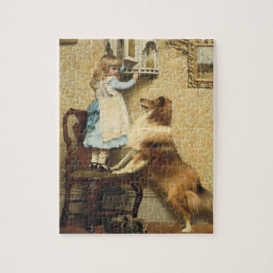 Vintage Girl and Sheltie Dog Art Secret Place Jigsaw Puzzle