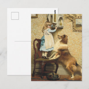 Vintage Girl and Sheltie Dog Art Secret Place Postcard