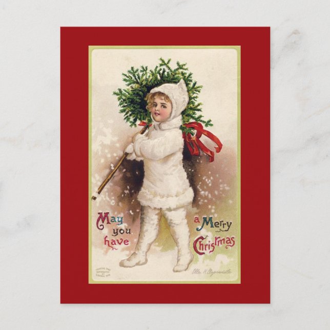 VINTAGE "GIRL AND TREE" CHRISTMAS POSTCARD (Front)
