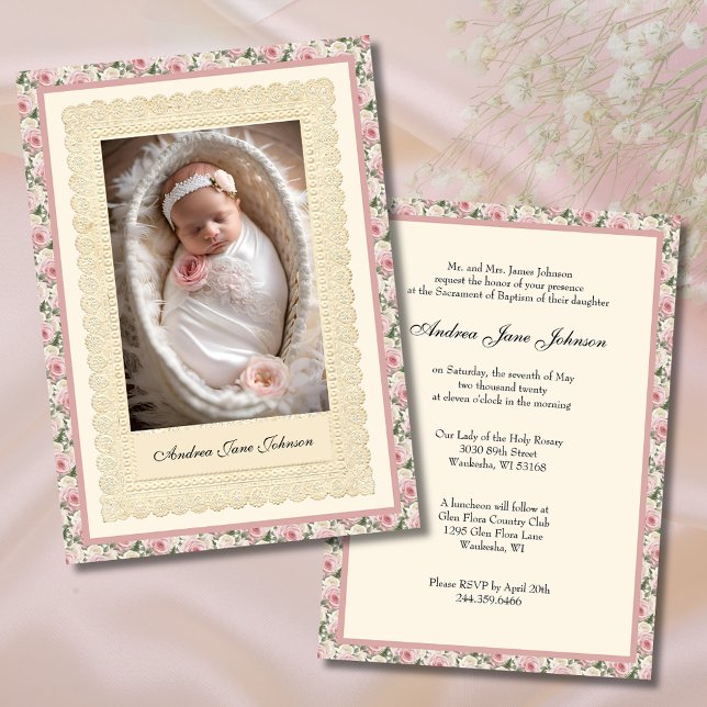 Vintage Girl Baptism Pink Roses Photo Invitation (Creator Uploaded)