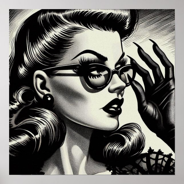 Vintage Girl Black and White Drawing Poster (Front)