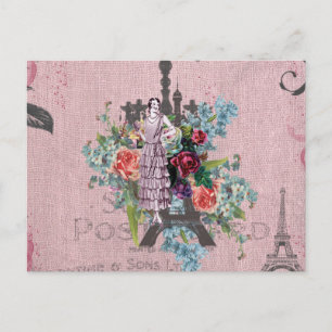 Vintage Girl Corloful Red Roses Paris Eiffel Tower Postcard