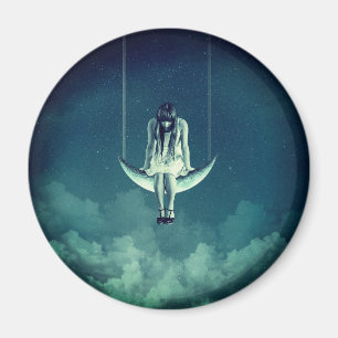 Vintage girl crescent moon gothic blue white magnet