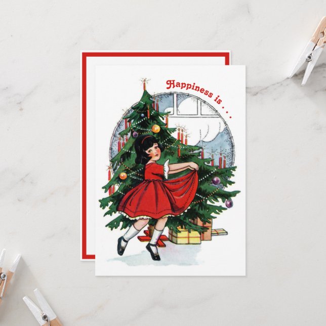 Vintage Girl Dancing Around the Christmas Tree Card (Front/Back In Situ)