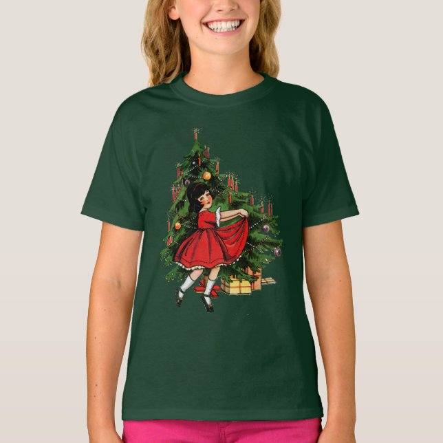 Vintage Girl Dancing Under Christmas Tree T-Shirt (Front)