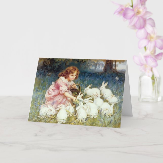 Vintage Girl Feeding Bunny Rabbits Easter Card (Orchid)
