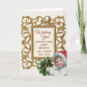 Vintage Girl Gold Frame Merry Christmas New Year Holiday Card