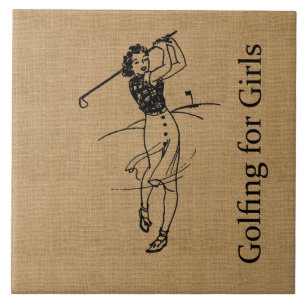Vintage Girl Golfer on Faux Burlap Decorative Tile