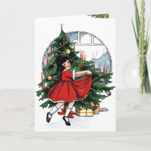 Vintage Girl Home Christmas Tree Morning Holiday Card
