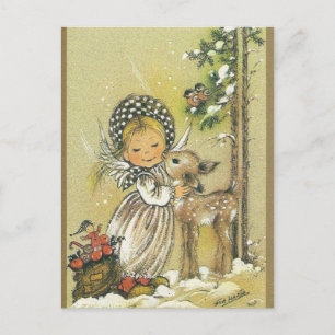 Vintage Girl Hugging Baby Deer Postcard