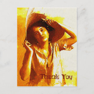 Vintage Girl In Straw Hat Thank You Postcard