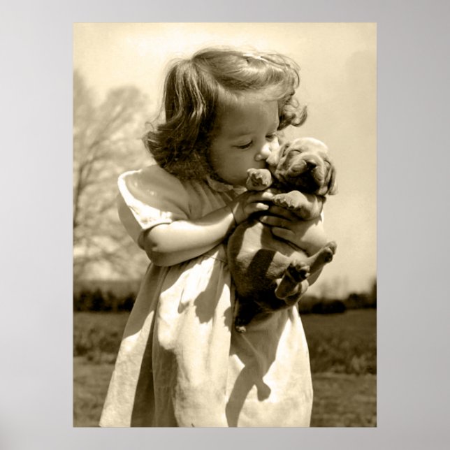 Vintage Girl Kisses Puppy Poster (Front)