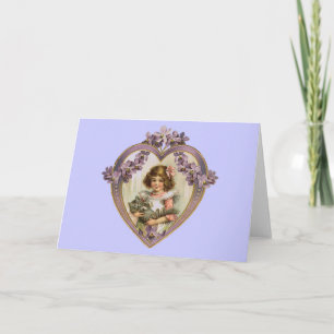 Vintage Girl & Kitty in Floral Heart Holiday Card