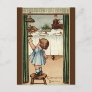 Vintage Girl on a Stool Thanksgiving Postcard