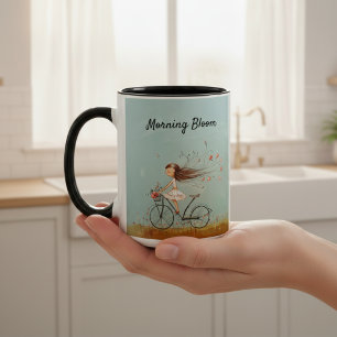 Vintage Girl on Bicycle Personalised Floral Two-Tone Coffee Mug