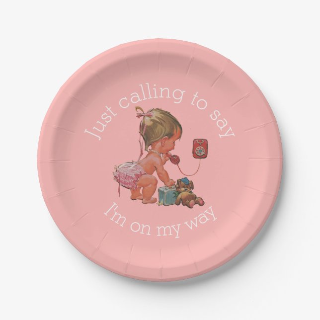 Vintage Girl on Phone Baby Shower Paper Plate (Front)