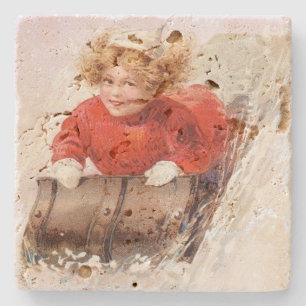 Vintage Girl on Toboggan Christmas Stone Coaster