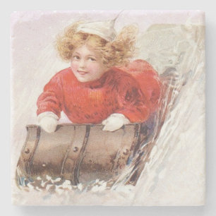 Vintage Girl on Toboggan Christmas Stone Coaster