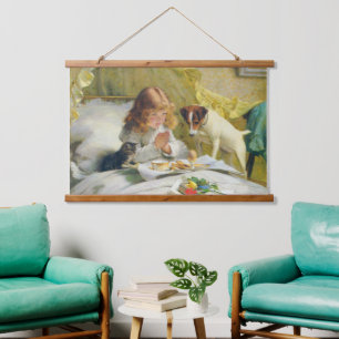 Vintage Girl Praying with Cat & Dog Art Suspense Hanging Tapestry