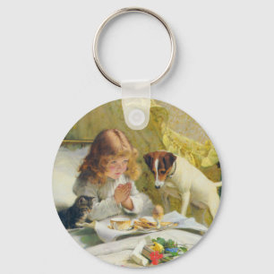 Vintage Girl Praying with Cat & Dog Art Suspense Key Ring