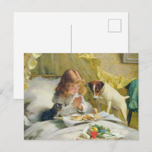 Vintage Girl Praying with Cat & Dog Art Suspense Postcard