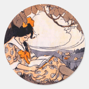 Vintage Girl Reading Under a Tree Classic Round Sticker