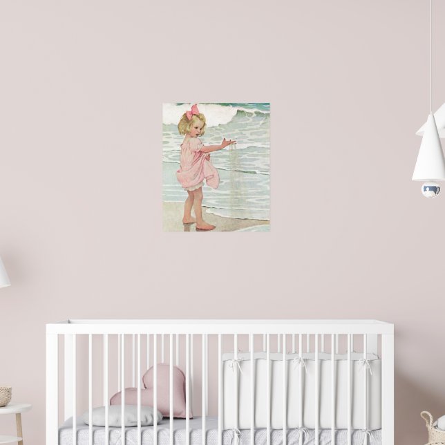 Vintage Girl Sandy Beach Nautical Ocean Poster     (Nursery 2)