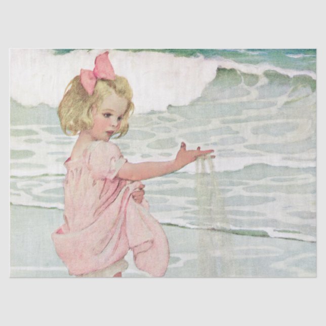 Vintage Girl Sandy Beach Nautical Ocean Tissue Paper (Front)