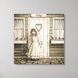 Vintage Girl standing near a Retro Cottage Canvas Print
