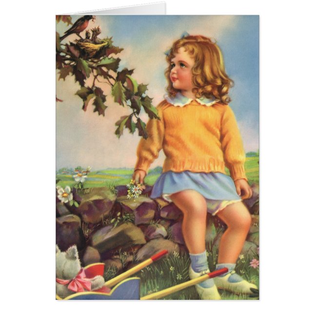 Vintage Girl Watching Birds in a Tree, Spring (Front)
