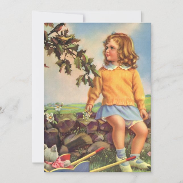 Vintage Girl Watching Birds in a Tree, Spring (Front)