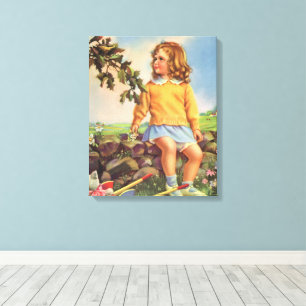 Vintage Girl Watching Birds in a Tree, Spring Canvas Print