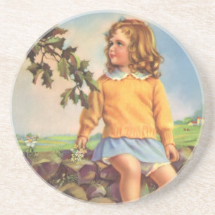 Vintage Girl Watching Birds in a Tree, Spring Coaster