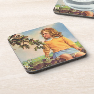 Vintage Girl Watching Birds in a Tree, Spring Coaster