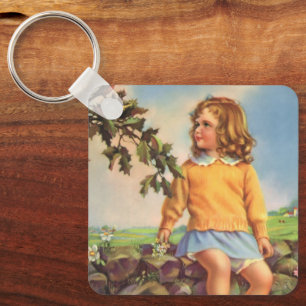 Vintage Girl Watching Birds in a Tree, Spring Key Ring