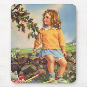 Vintage Girl Watching Birds in a Tree, Spring Mouse Pad