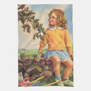 Vintage Girl Watching Birds in a Tree, Spring Tea Towel