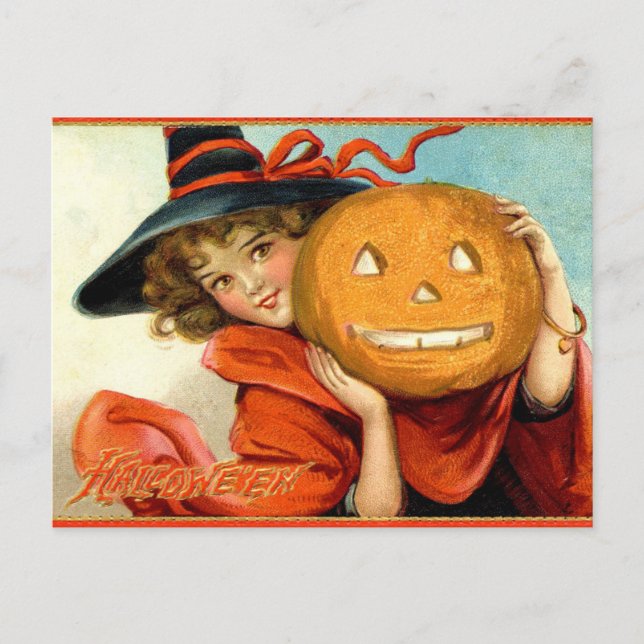 Vintage Girl Witch Pumpkin Halloween Postcard (Front)