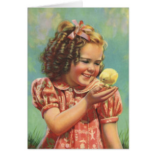 Vintage Girl with Baby Chick, Happy Child Smiling