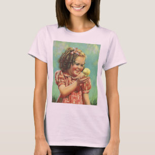 Vintage Girl with Baby Chick, Happy Child Smiling T-Shirt