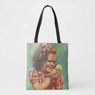 Vintage Girl with Baby Chick, Happy Child Smiling Tote Bag