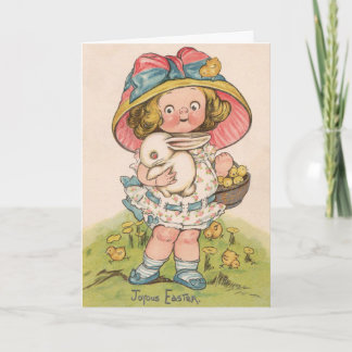 Vintage Girl With Bunny Easter Greeting Card