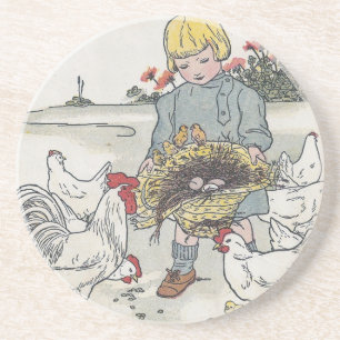 Vintage Girl With Chickens, E is an Egg Coaster