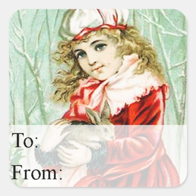 Vintage Girl With Christmas Rabbit Gift Tag (Front)