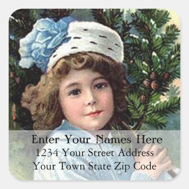 Vintage Girl With Christmas Tree Address Label (Front)