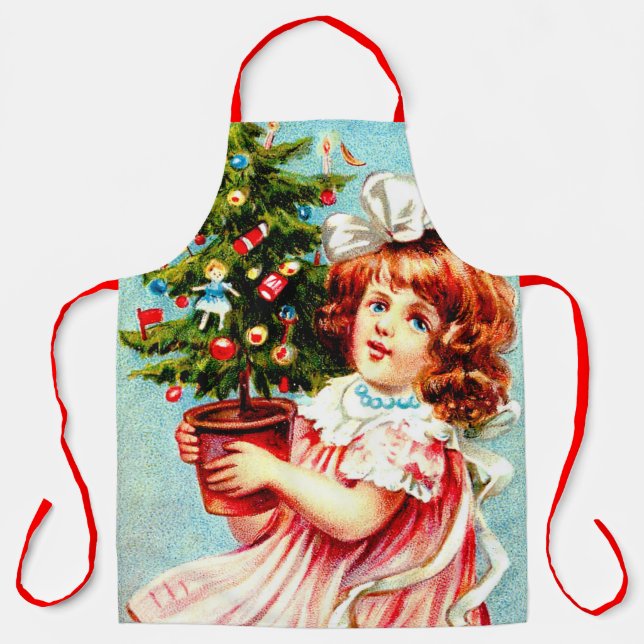 Vintage Girl With Christmas Tree Apron (Front)